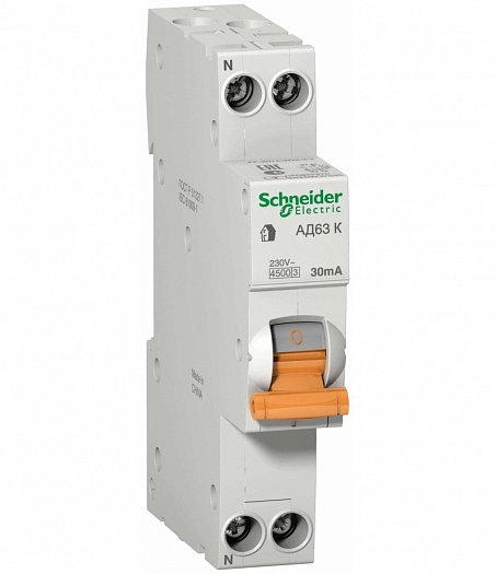 Дифференциальный автомат 2П 16А 30мА Schneider Electric Domovoy АД63К характеристика С тип АС 4,5кА компактный 1П+N 12522